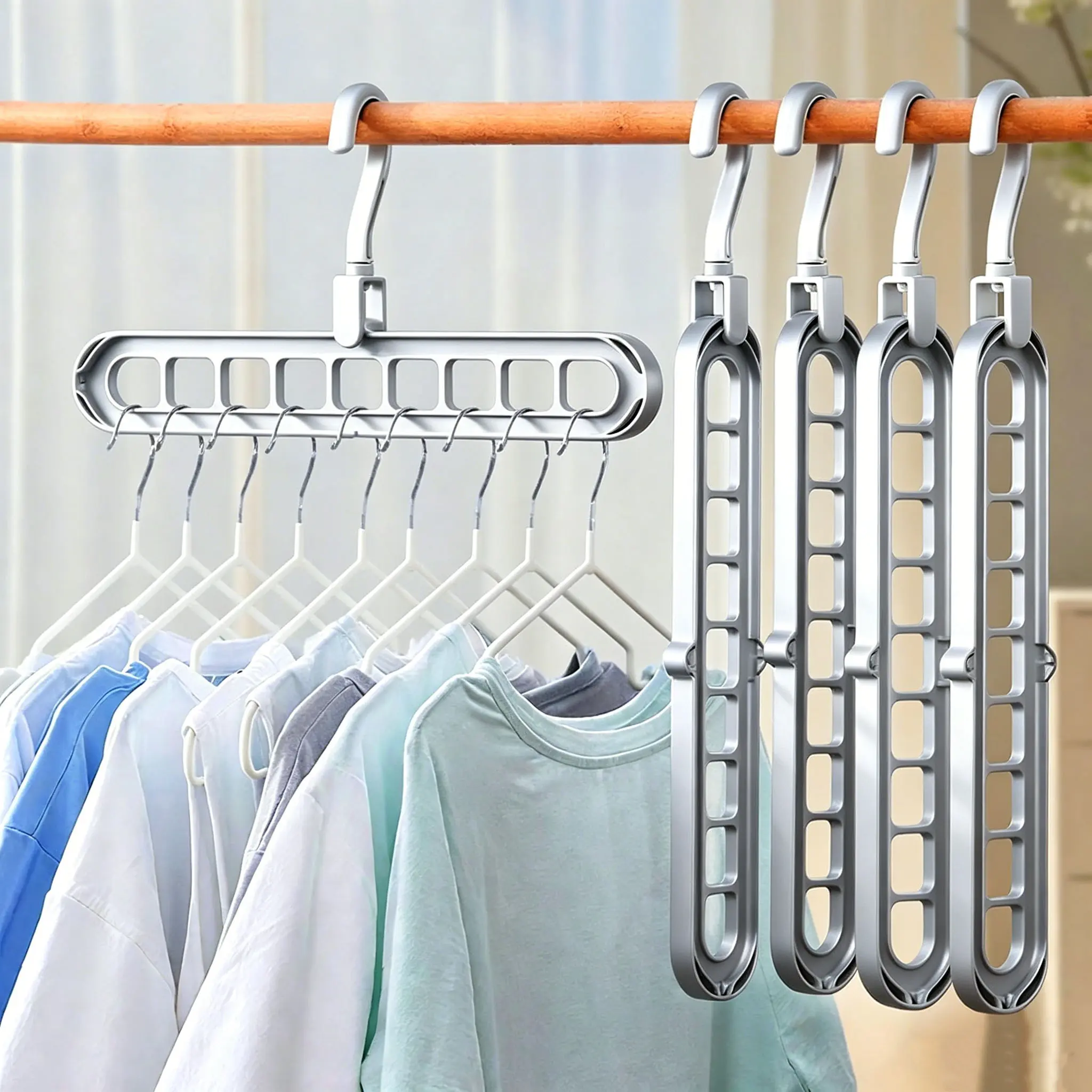 Plastic 9-Hole Foldable Multi-Functional Clothes Hanger - Space Saver Home Organizer for Clothing Storage, Horizontal/Vertical Use, No Complex Setup, Simple Operation