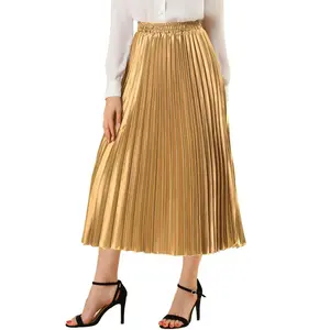 INSPIRE CHIC Women's Party Elastic Waist Metallic Shiny Accordion Pleated Midi Skirt Small Gold