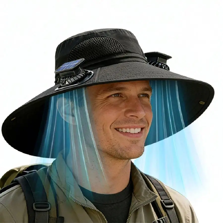 Solar Fan Cap Wide Brim Sun Hat with Fan for Men Women UPF 50+ UV Protection 15cm Oversized Fisherman Hat USB Rechargeable Cooling Bucket Hat for Fishing Gardening Outdoor