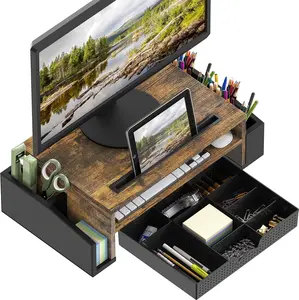 Desk Monitor Stand Riser with Adjustable Organizer Tray Space Saver Rustic Brown