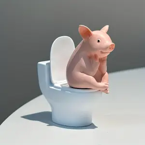 1Count Cute Pig Sitting on ilet |   PVC Bathroom Decoration, Deskp or Wall Mounted, Home Office Desk and Living Room Display, Home Decoration, Bathroom Accessories, Statue Decoration