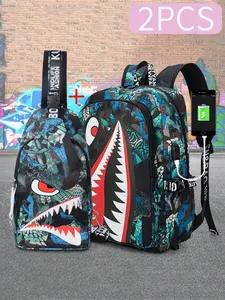 2pcs Backpack Set: Fluorescent Shoulder Bag & Chest Bag, Large Capacity Oversized Backpack, Minimalist Cartoon Casual Expression Print, Suitable For School, Travel, Vacation, Oxford Fabric