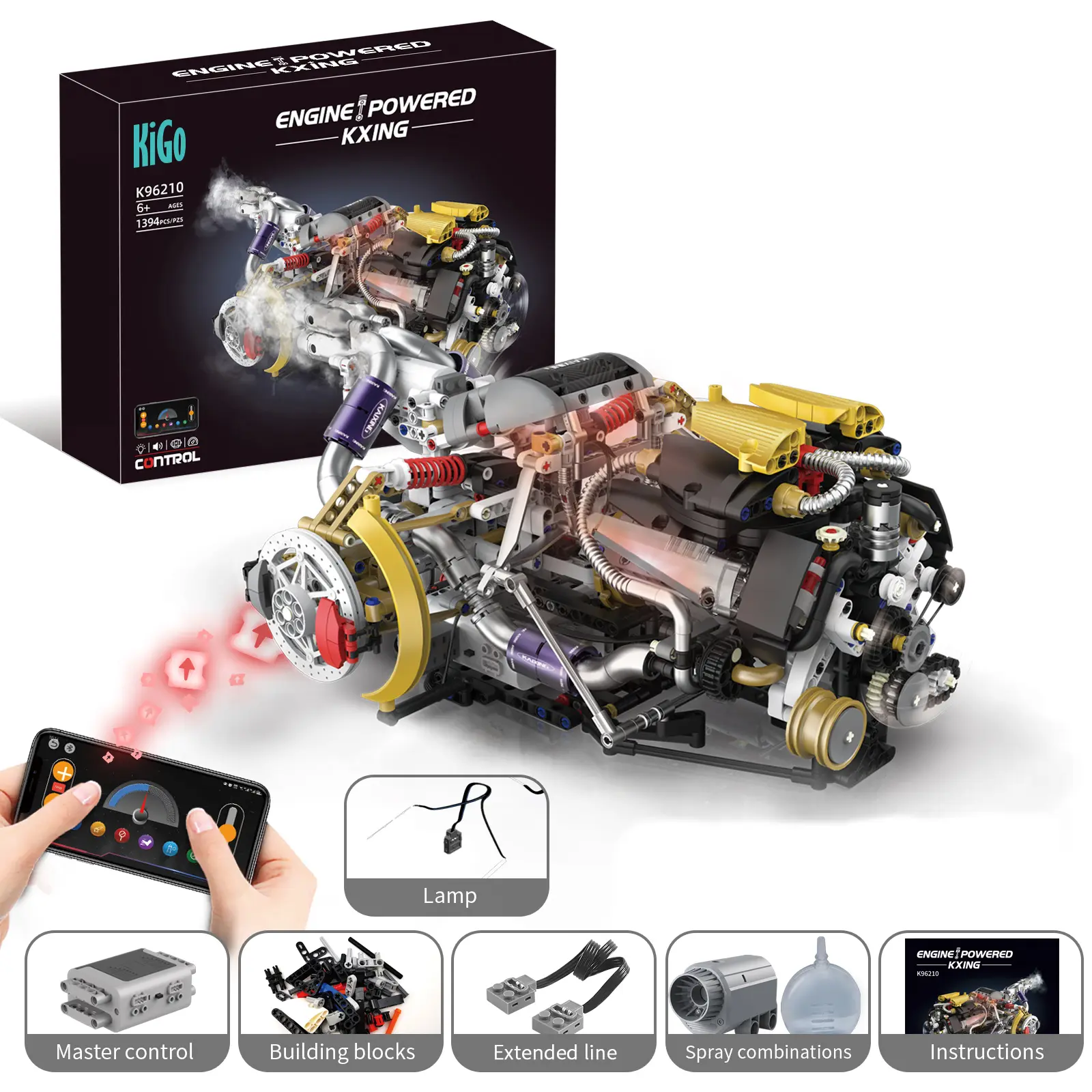 1390 PCS Pagani-Style Motorized V12 Engine Building Kit, APP Control Toys with LED Lights for Classic & Novelty Building Toys Hobbies, Realistic Engine
