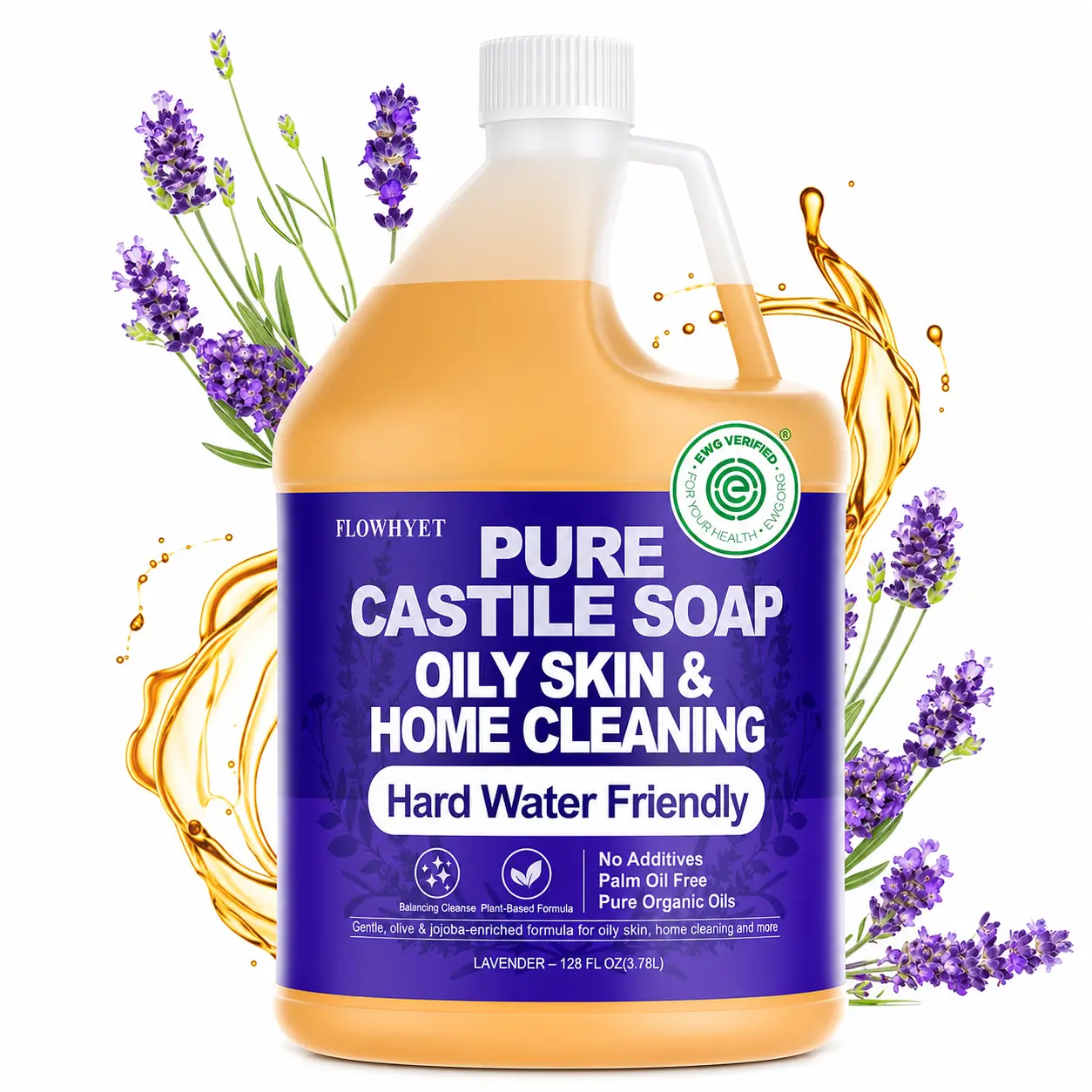 FLOWHYET EWG Verified Lavender Scented Pure Castile Liquid Soap Refill (128 fl oz/1 gal) - Natural Organic Body Wash for Oily Skin, Hard Water Friendly Cleanser for Body & Hands