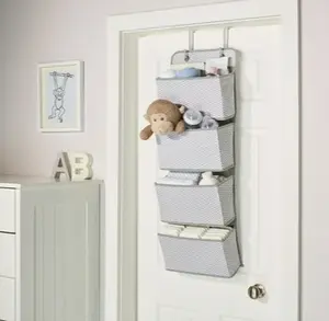 4 Pocket Nursery Hanging Organizer Gray & White, Baby Diaper Storage for Crib or Changing Table