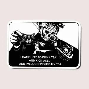 Tactical Tea Time Sticker, Funny Skull Operator Holding Teacup Meme Decal for Laptops, Toolboxes or Military Fans, Laptop Water Bottle Decal Sticker