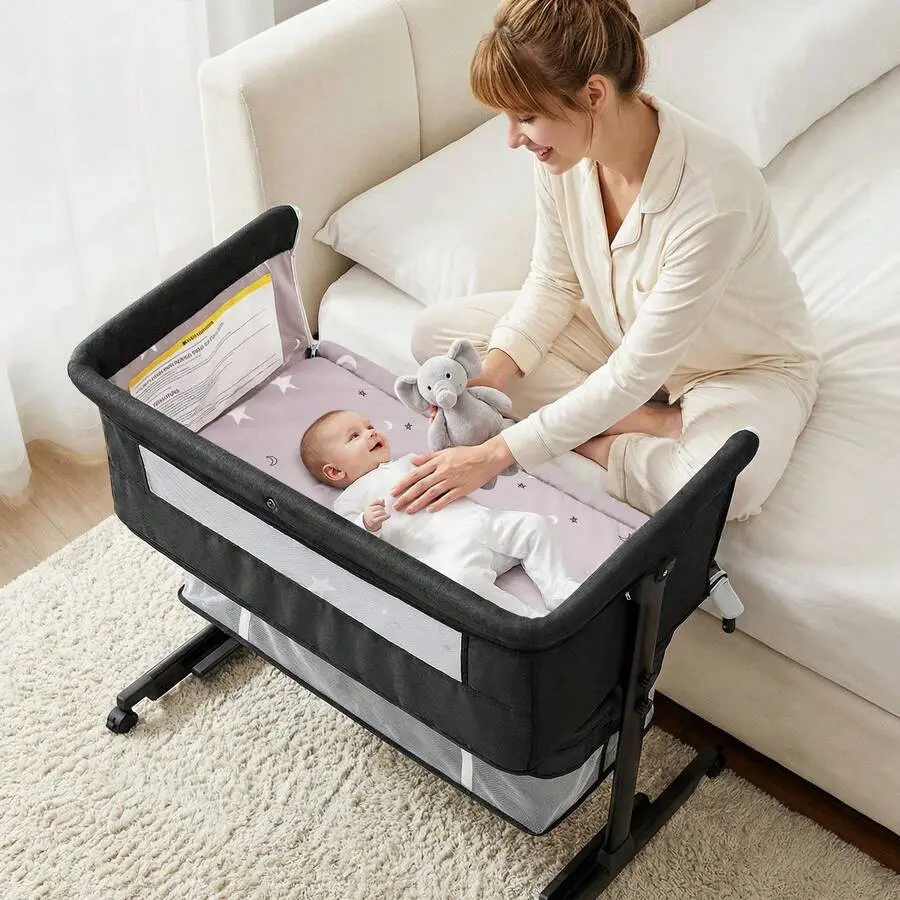 Modern Convertible Crib, 3-in-1 Bedside Sleeper and Travel Crib for Newborns with 6 Adjustable Heights and Breathable Mattress, Wheels, Portable, Compact, Plain, Open Side, 3 - 6 Months