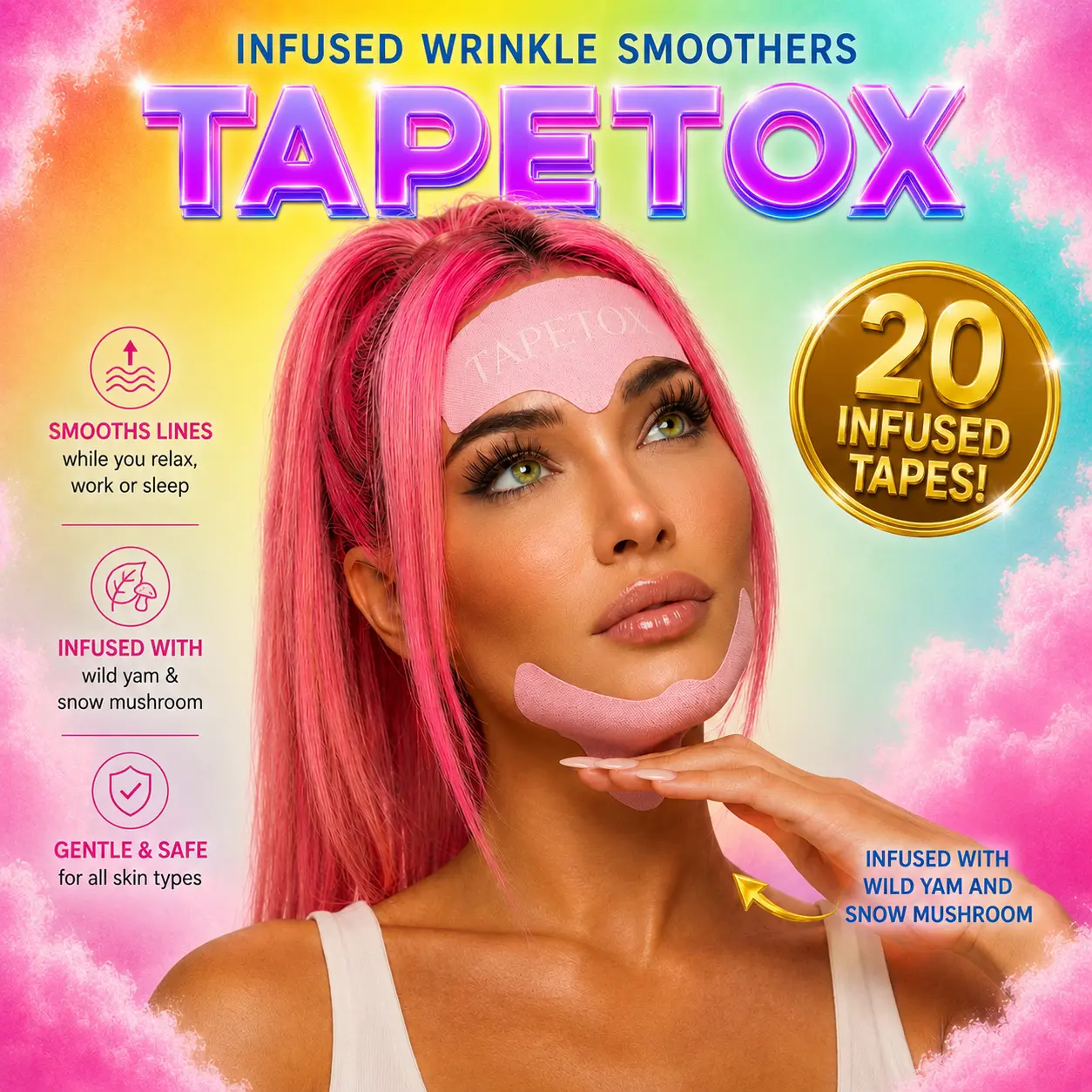 20 Infused Wrinkle Smoothing Tape infused Wild Yam and Snow Mushroom, TapeTox, Dermatologist Approved, Wrinkle Smoothing Tapes, skincare,  lines, crows feet, elevens, Korean skincare, wild yam, snow mushroom, wrinkle smoothing,