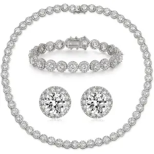 Gemsme Cubic Zirconia Tennis Necklace/Bracelet/Earrings Sets for Women Men Halo Jewelry Set