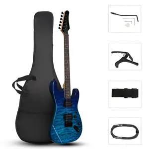 39in Trans Blue Electric Guitar - Maple Neck, Rosewood Fretboard, H-H Pickups, Capo, Free Accessory Kit with Guitar Accessories