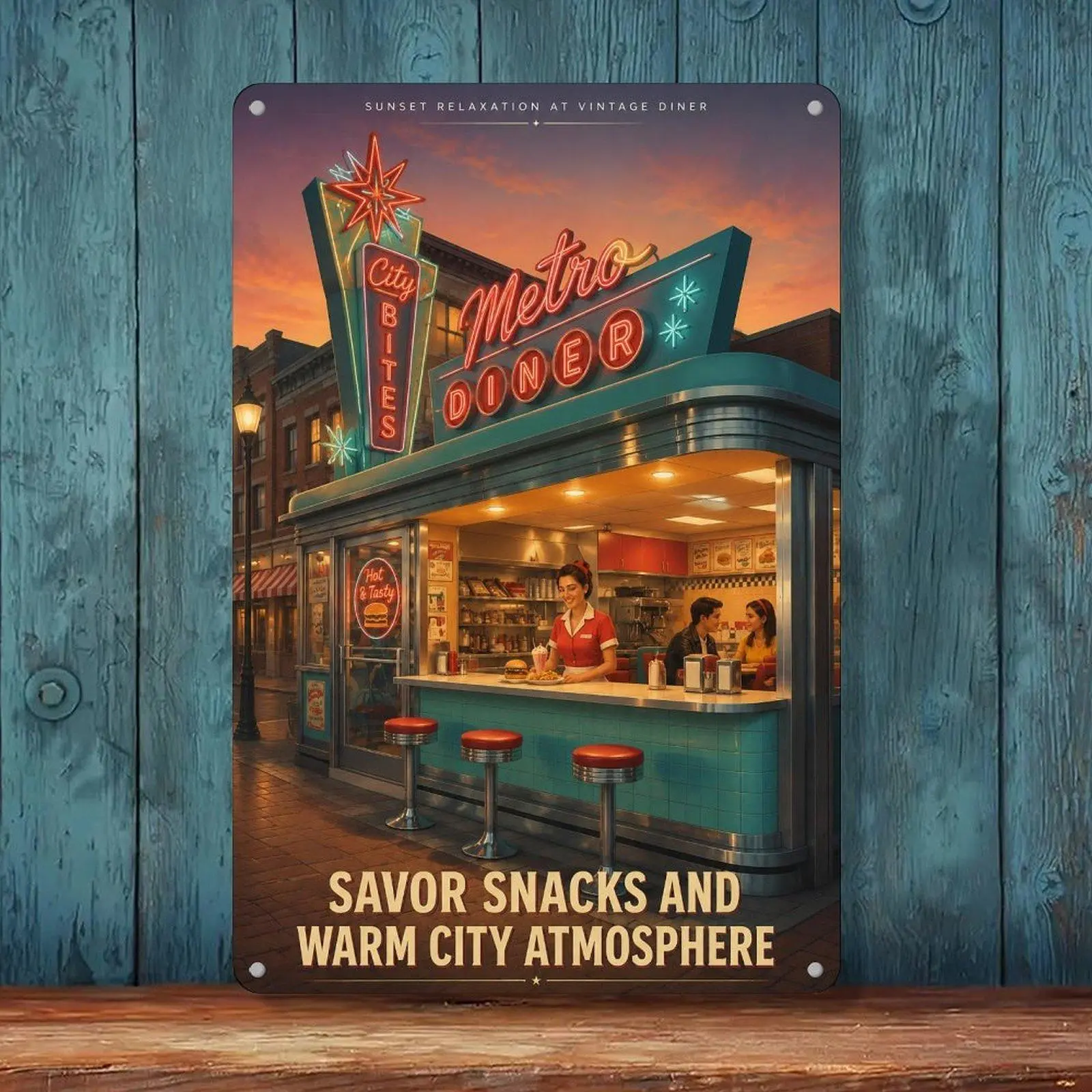 8*12in Sunset Relaxation At Vintage Diner Savor Snacks And Warm City Atmosphere Retro Metro Diner Neon Sign Oil Painting Metal Tin Sign, Cafe Bar Retro American Wall Hanging Sign