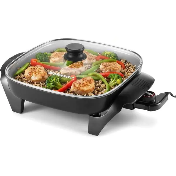 Elite Gourmet Ceralast PFAS-Free Ceramic Electric Skillet, 1200W, Dark Gray | Dishwasher Safe, Rapid Heat-Up Coating, 12"x12" Cooking Surface, Non-Stick for Everyday Meals - 2.15" Deep Design
