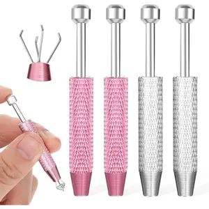4 Pcs Piercing Ball Grabber Tool, Stainless Steel 4 Prongs Claw Tweezers, Jeweler's Pick up Tool Piercing Assistant Pen for Tiny Objects Electronic Component (Pink, Silver)