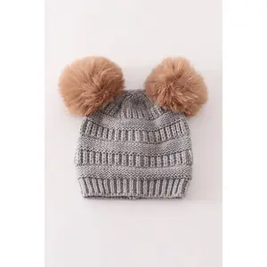 Light grey double pompom cable beanie