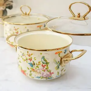 Flower Pattern Stockpot with Lid, Ceramic Soup Pot with Handle, Large Capacity Cooking Pot for Home Kitchen, Double Ear Design, Cookware, Kitchen Pots, Flowers and Birds