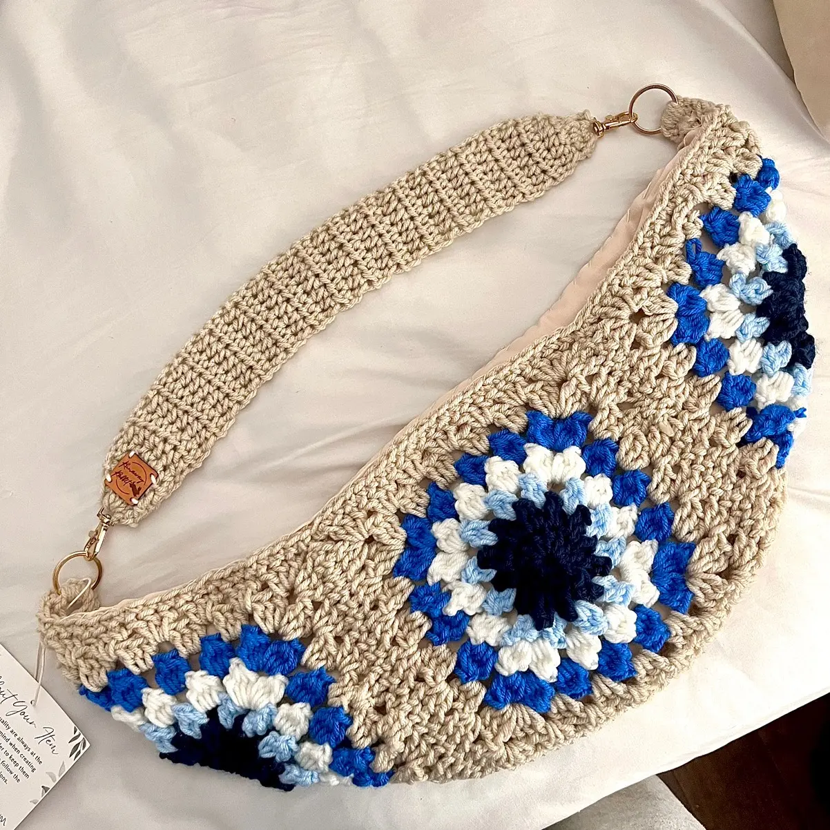 Evil Eye Circle Bum Bag Crochet Granny Square, Ojo Zipper Purse, Boho, Large Belt Bag, Made to Order, Original Pattern