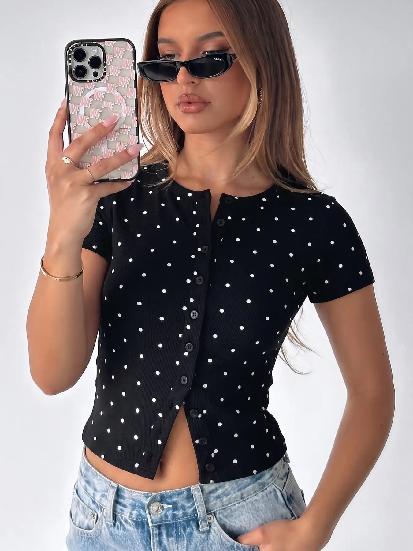 Women's Fashion Trend Y2K Tight Fit T-Shirt, High Stretch Ribbed Full Button Front Design, Comfortable Versatile Casual Polka Dot Short Sleeve Top, Womenswear