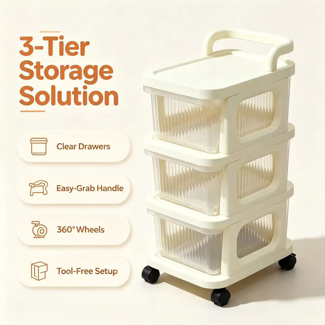 3-Tier Rolling Storage Cart with Clear PET Drawers, Portable Plastic Organizer Trolley with Handle & Wheels for Bedroom, Kitchen