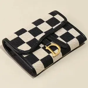 Women's Fashion Chessboard Pattern Credit Card Holder, Casual Versatile D-Ring Credit Card Case, Trendy Short Wallet for Daily Use, Fashionable Card Holder, Card Storage