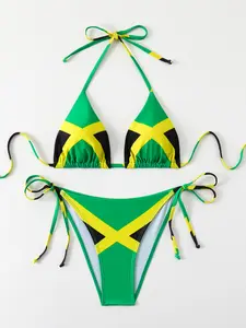 Women's Fashion Triangle Swim Jamaican Caribbean Rasta African Grassland Bikini Swimsuit Swimwear New Sexy Two Pieces Bikini Sets for Women Triangle Top & Thong String Tie-Up Swimsuit with Elastane Material