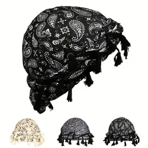 Breathable stretch unisex paisley print turban hat with arabic fashion stretch hood and tassel detail