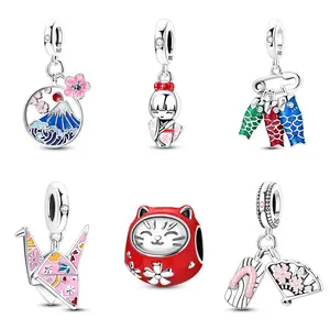 MULA Japanese-style bracelet set, featuring S925 Silver-plated enamel pendant beads, Mount Fuji, kimono doll, lucky cat, crane, and cherry blossom sandal charms. Compatible with Pandora bracelets, it's the perfect gift for girls and women.