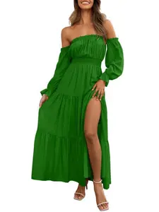 2026 Bohemian Sexy Off-Shoulder Long Sleeve Dress, Ruched High Waist, Side Slit, Flowy Tiered A-Line, Loose-Fitting, All Seasons