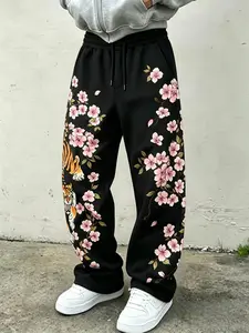 Men's Cherry Blossom Tiger Print Wide Leg Sweatpants, Drawstring Long Pants, American Streetwear Style, All Seasons Loose Fit