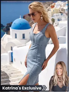 【Katrina Exclusive】Women's Mid-Length Denim Dress, Sleeveless Waist Cinch Bustier Bodycon Dress, Front Zipper Split Vintage Denim Skirt