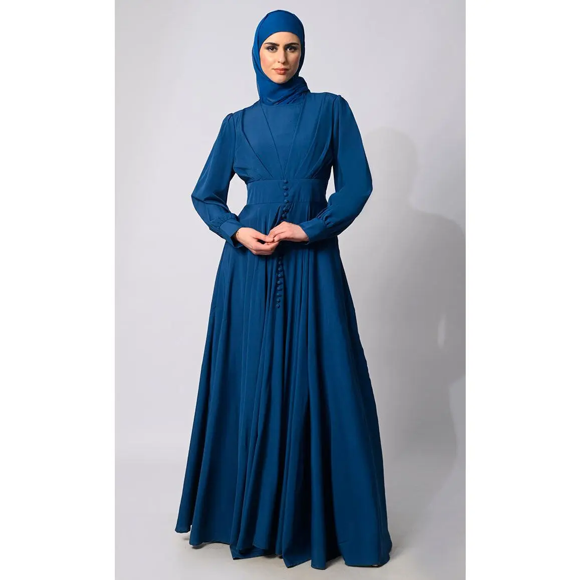 Denim Crepe Flared front pleated Abaya decorated buttons