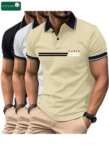Men’s Summer 3-Pack Paris Letter Print Cotton Short-Sleeve Polo Shirts, classic retro style, lightweight and versatile for sports, casual outdoor wear, and golf fashion; trendy black short sleeves—the perfect gift for a boyfriend or husband