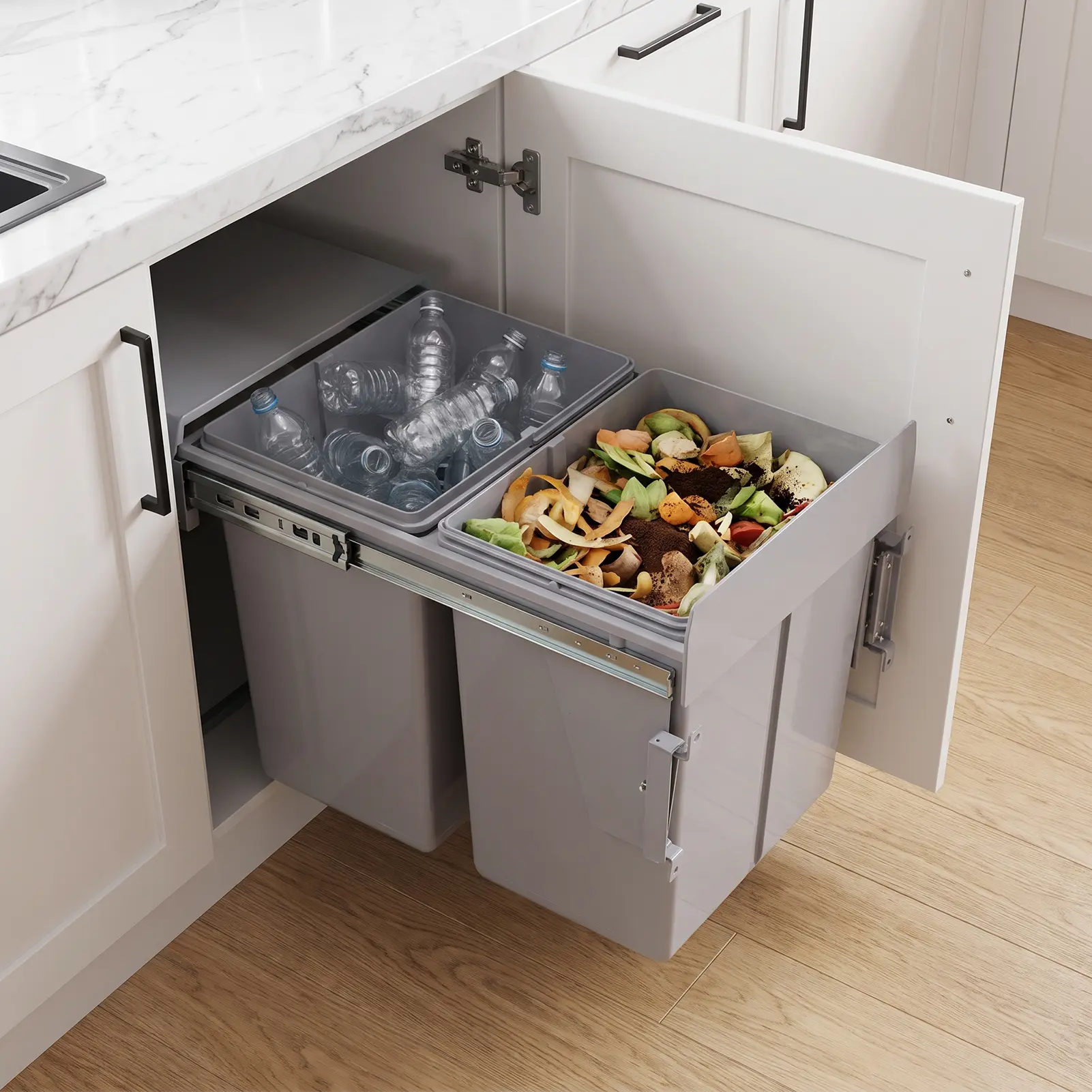 40L Dual Pull-Out Hard Plastic Kitchen Trash Cans, Lidded Double Bin for Garbage Sorting, Sliding Out Hidden Recycling Bin for Under-Cabinet Counter or Kitchen Sink, Trash Cans For Kitchen