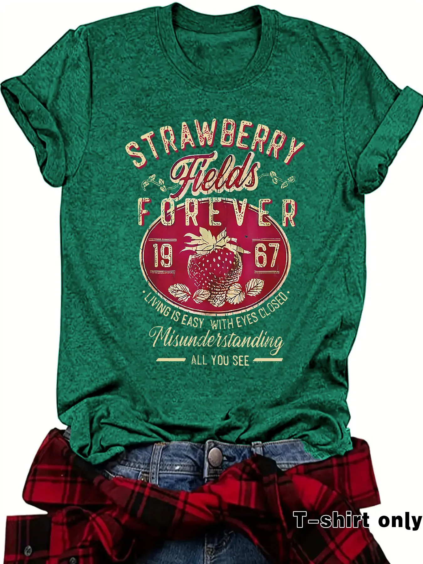 Women's Casual Streetwear Short Sleeve T-Shirt, Casual Tops, Strawberry Graphic Print, Soft Breathable Fabric, Round Neck, All Seasons Wear, Summer, Womenswear