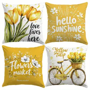 4pcs Spring Pillow Covers 18x18 Inch Polyester Blend Hello Sunshine Tulips Throw Pillow Covers Spring Summer Farmhouse Decorations Yellow Bike Flowers Cushion Covers for Sofa Couch Bed Bedroom Decorative Accessories (Pillow Insert Not Include)
