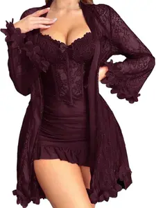 RRJ 2pcs Set: 3D Floral Lace Robe + Fishbone Waist Design Lace Camisole Nightgown Lace Robe Set Lace Lingerie Set Lingerie Robe Lace Sleepwear Lingerie With Sleeves lingerie set