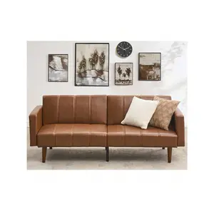 75" Futon Sofa Bed, Mid-Century Modern Futon Couch, Convertible Sleeper Sofa With Adjustable Backrest, Loveseat, Small Sofa With Side Pockets, PU Leather Sofa Couch For Living Room, Brown
