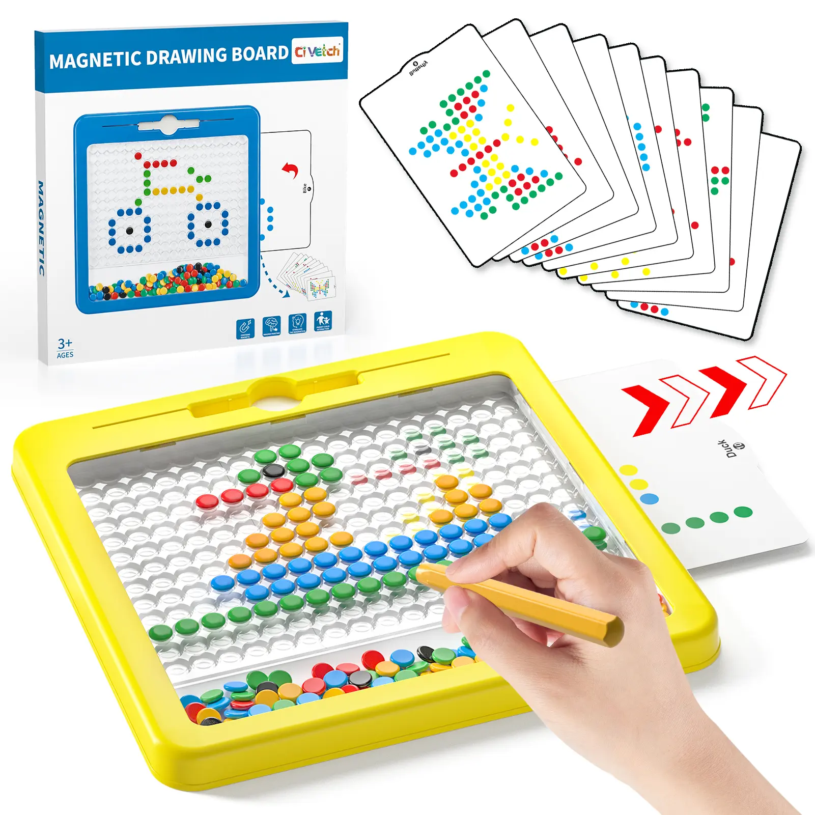 Magnetic Drawing Board for Kids (tsq-2) - Preschool Educational Development Toy, Craft Kit with Pen, Dot Beads, Insert Pattern Cards, Children Development