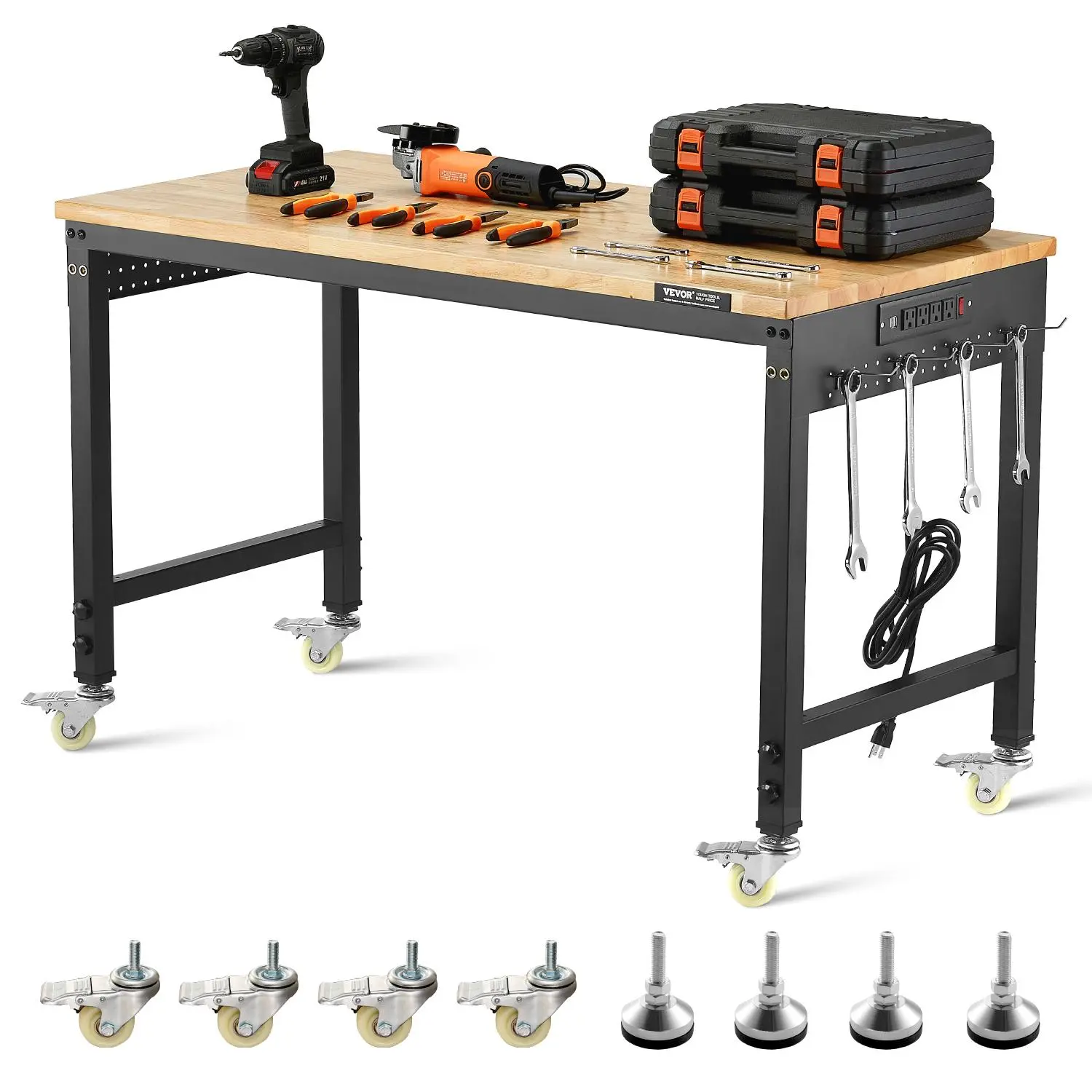 VEVOR 48-Inch Heavy Duty Height-Adjust Workbench, 2000 lbs Load Capacity, 48x24x39.5 in Oak Wood Top, Carbon Steel Build, Power Outlet, USB Ports, 360° Swivel Casters, Pegboard Ready, for Garage, Workshop, 48 X 24 X 39.5 Inches