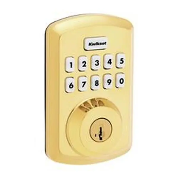 Kwikset 5043684 Powerbolt Electronic Deadbolt, Zinc Construction, Polished Brass Finish, Batteries Included, Wi-Fi Enabled, Fits 1-3/8"-1-3/4" Doors, Compatible with Metal Plated Doorknobs, 2 Keyfobs for Residential Users, Smart Home Gadgets, Keyless Door
