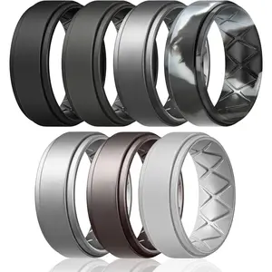 Silicone Wedding Rings Mens, Inner Arc Breathable Design Silicone Rings for Men, 7 Rings / 4 Rings / 1 Ring Step Edge Rubber Wedding Engagement Bands Comfort for Workout, 8mm Wide-2mm Thick
