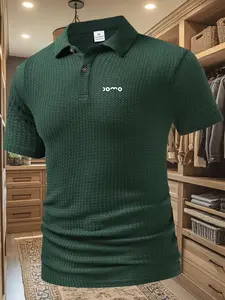 Men's Domo Pattern Summer Polo Shirt, Textured Short Sleeve Casual Business Top, Flip Collar Daily Wear Gift