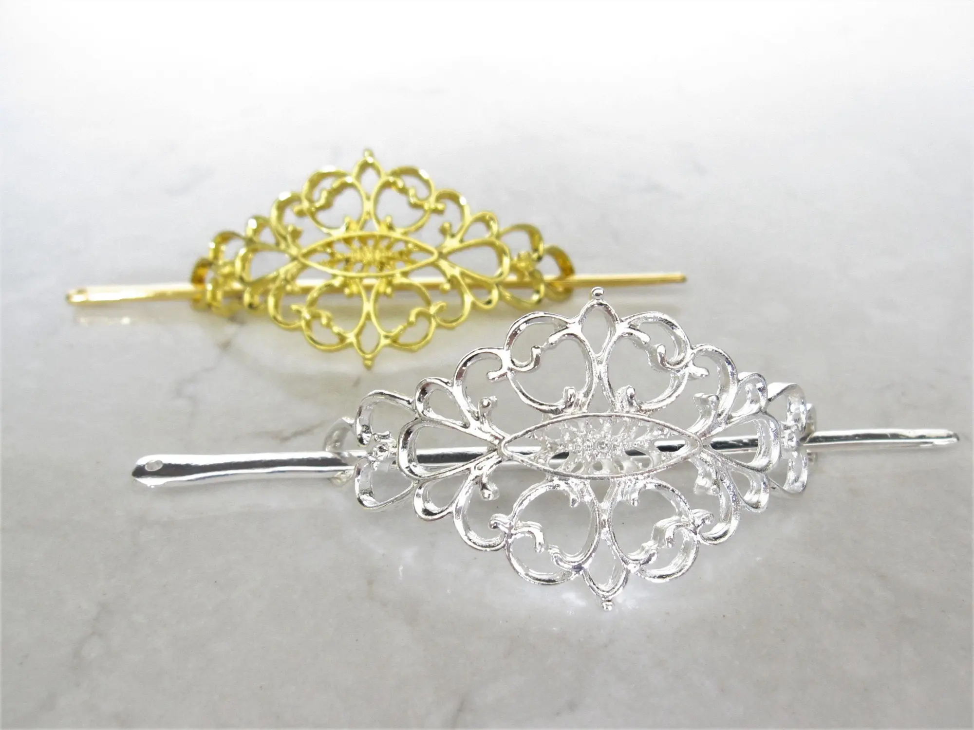 Small gold or silver filigree metal  hair slide stick clip barrette