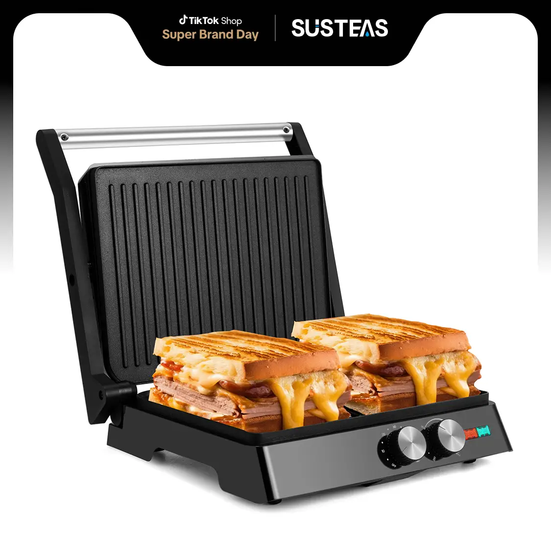 SUSTEAS Sandwich Maker Multi-Function Electric Indoor Grill Mother's Day, Non-Stick Panini Maker with Grease Tray