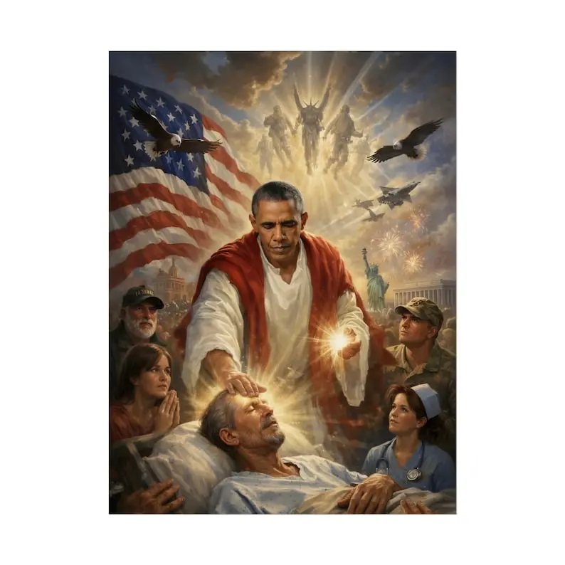 Obama as Jesus Healing the Sick AI Poster - Obama Messiah Meme Art - Obama Christ Controversy Satire Print