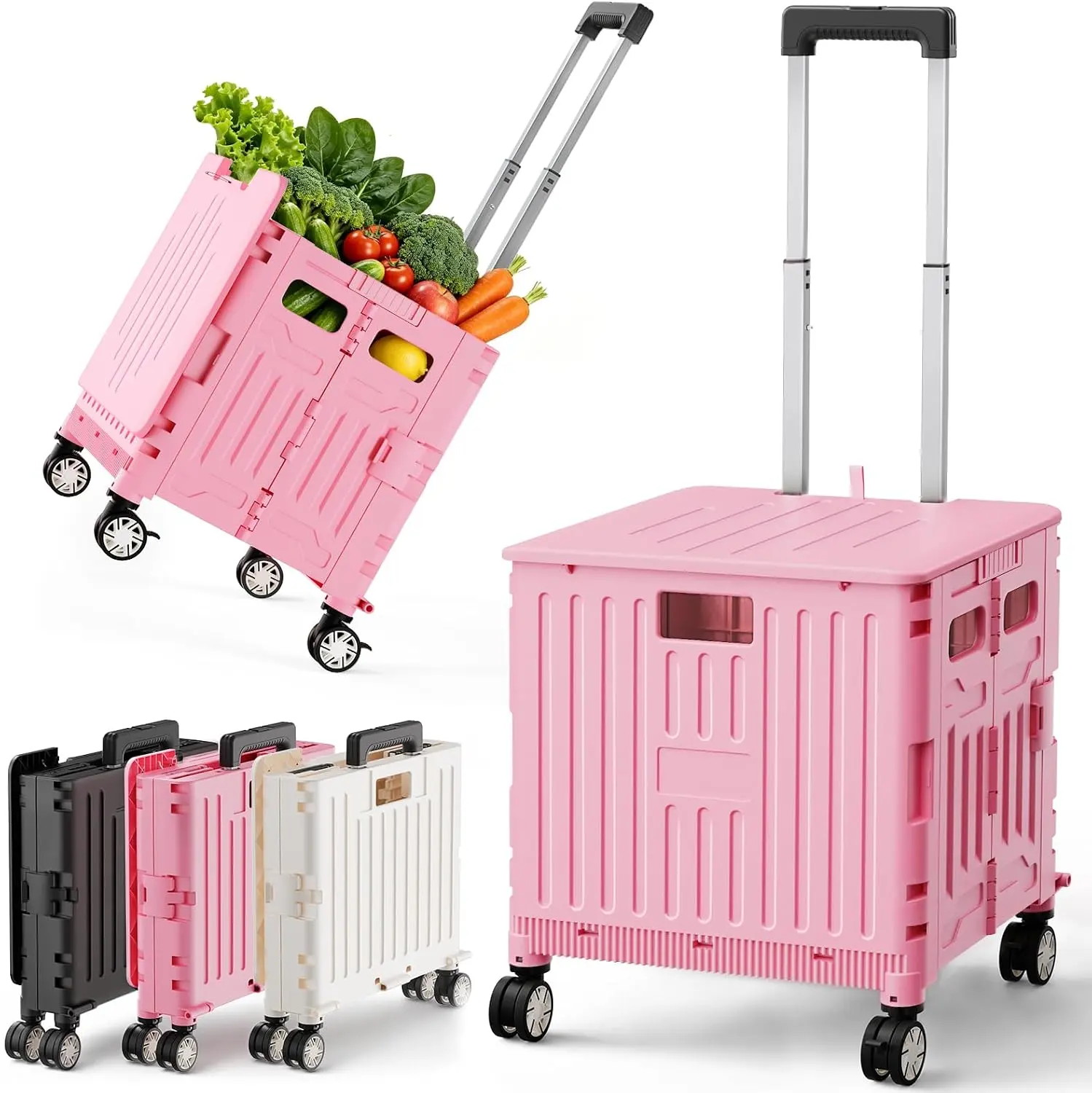 Folding Utility Cart Rolling Crate Handcart Shopping Trolley, Pink | Lockable Collapsible Tool Box with Lid, Rolling Crate With Wheels for Grocery, Travel, Garden, Shop, Office, Luggage, Teacher