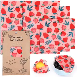 Organic Beeswax Wrap for Food, 3 Pcs Sustainable Beeswax Wraps, Bread Sandwich Wrapper Zero Waste Eco-friendly Biodegradable Strawberry Pattern