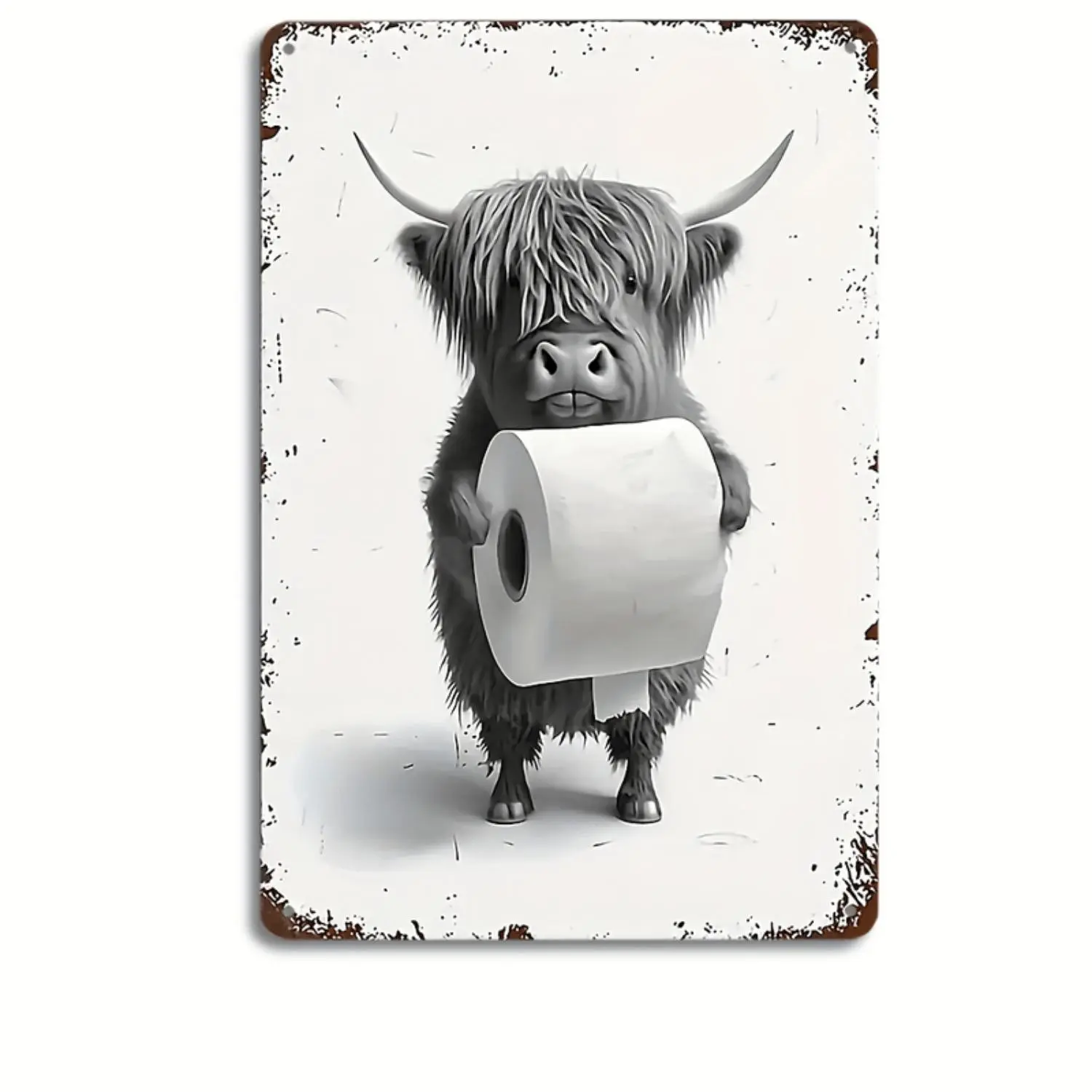 1pc Whimsical Highland Cow With Toilet Paper Metal Tin Sign 12x8 Inches - Charming Bathroom Wall Art - Quirky Farmhouse Decor - Funny Restroom Sign For Home, Cafe, Restaurant - For Home Decor Enthusiasts - Perfect Gift for Cow L
