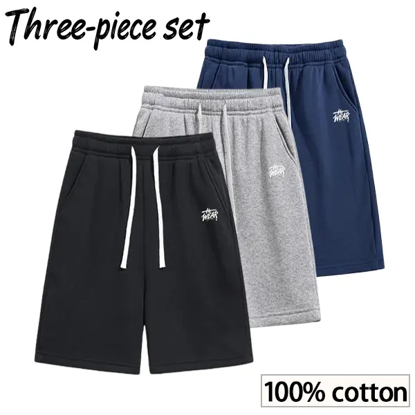Men's Pure Cotton Mid-Waist Drawstring Shorts (3-Pack, 13.98in Inner Length) - Stylish Retro Basic Summer Athletic Streetwear for Running, Commuting