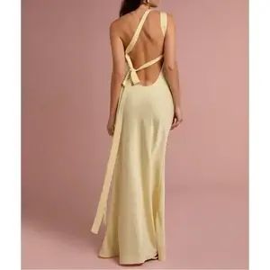 Women's Butter Yellow Satin Asymmetrical Neck Bowknot Backless Mermaid Maxi Dress,Sweet&Elegant For Vacation&Date&Holiday&Party&Graduation&Wedding Guest&Beach,Prom Dress,Summer Dresses For Women,Sun Dresses For Women, Yellow Dress(Sheet)