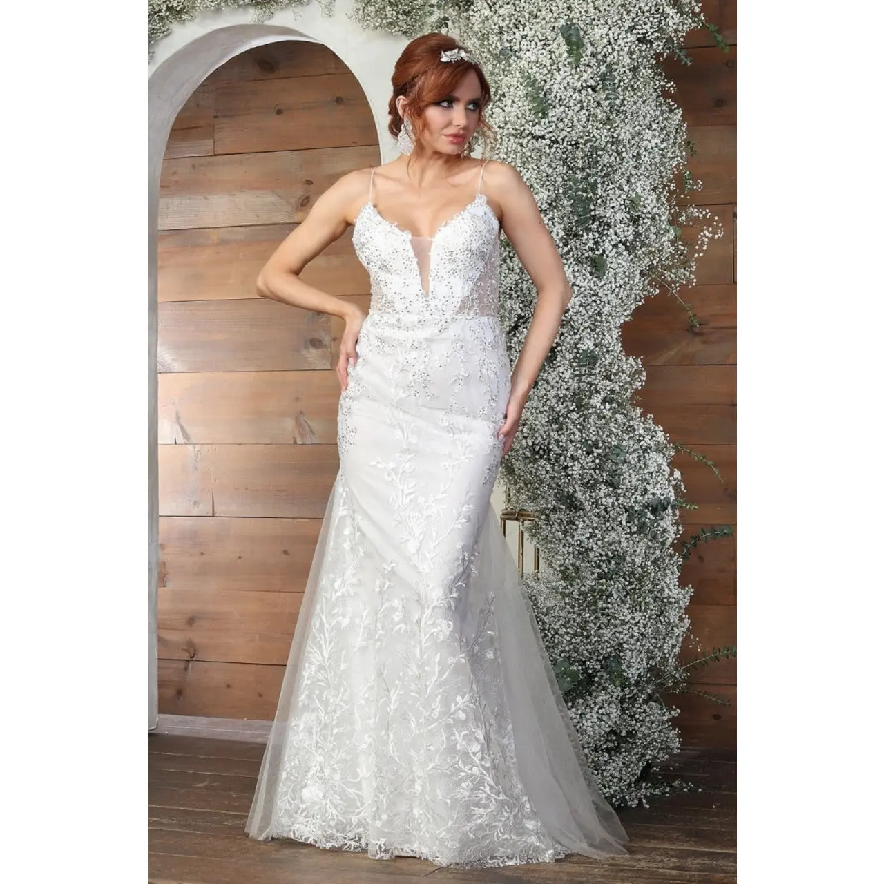 May Queen MQ2030B Rhinestone Sheer Ivory Tulle Wedding Gown